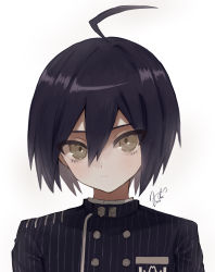 Rule 34 | 1boy, absurdres, black hair, black jacket, brown eyes, buttons, closed mouth, danganronpa (series), danganronpa v3: killing harmony, double-breasted, hair between eyes, highres, jacket, looking at viewer, male focus, nekoma mimu, portrait, saihara shuichi, short hair, signature, simple background, solo, striped clothes, striped jacket, white background