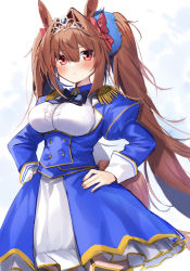 Rule 34 | 1girl, animal ears, black bow, blue jacket, blue skirt, blush, bow, breasts, brown hair, closed mouth, commentary request, daiwa scarlet (umamusume), frilled skirt, frills, hair between eyes, hair bow, hair intakes, hands on own hips, highres, horse ears, jacket, juliet sleeves, large breasts, long hair, long sleeves, looking at viewer, moti yousei, puffy sleeves, red bow, red eyes, shirt, skirt, solo, tiara, twintails, umamusume, very long hair, white shirt