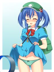 Rule 34 | 1girl, ^ ^, backpack, bag, bladeless fan, blue dress, blue hair, blush, bow, bow panties, bowtie, breasts, closed eyes, closed mouth, clothes lift, collared shirt, cowboy shot, dress, dress shirt, eyebrows, fang, fangs, fanning crotch, gluteal fold, green panties, hair bobbles, hair ornament, hat, highres, houkiboshi, kawashiro nitori, key, legs apart, medium breasts, nose blush, open mouth, panties, puffy short sleeves, puffy sleeves, red bow, red bowtie, shirt, short hair, short sleeves, skirt, skirt lift, skirt set, solo, standing, strap, touhou, two side up, underwear