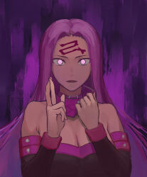 Rule 34 | 1girl, b suke, bare shoulders, belt, belt collar, black dress, breasts, choker, cleavage, collar, crossed fingers, domain expansion, dress, facial mark, fate/stay night, fate (series), forehead mark, glowing, glowing eyes, highres, jujutsu kaisen, long hair, long sleeves, looking at viewer, medusa (fate), medusa (rider) (fate), open mouth, parody, parted bangs, parted lips, purple background, purple belt, purple eyes, purple hair, scarf pull, solo, square pupils, strapless, strapless dress, upper body