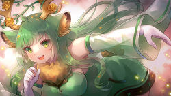 Rule 34 | 1girl, 60mai, :d, animal ears, antlers, breasts, buttons, commentary request, copyright request, elbow gloves, eyelashes, flower, gloves, green eyes, green hair, haruka karibu, horns, large breasts, light blush, long hair, looking at viewer, open mouth, reindeer antlers, smile, solo, sunlight, teeth, virtual youtuber, white gloves, yellow flower