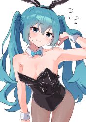 Rule 34 | 1girl, ?, absurdres, animal ears, black corset, black pantyhose, blue bow, blue bowtie, blue eyes, blue hair, bow, bowtie, breasts, bunny day, cleavage, commentary, corset, enipa 28, fake animal ears, hatsune miku, highres, leaning forward, leotard, long hair, looking at viewer, medium breasts, pantyhose, playboy bunny, smug, solo, very long hair, vocaloid, white background