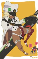 Rule 34 | 1boy, 1girl, ?, bandages, bandaged arm, bandaged leg, bandages, blonde hair, blush, border, cape, chibi, chibi inset, cleft of venus, clothes pull, clover, dark-skinned female, dark skin, fingerless gloves, fingernails, floating, floating object, floating sword, floating weapon, four-leaf clover, from above, gloves, guilty gear, guilty gear strive, highres, huge weapon, looking at another, medium hair, no panties, nose blush, orange eyes, outside border, pussy, pussy juice, ramlethal valentine, short shorts, shorts, shorts pull, sol badguy, solo focus, spoken question mark, starhump, sword, thigh strap, uncensored, weapon, white border, white cape, yellow background
