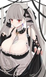Rule 34 | 1girl, absurdly long hair, absurdres, artist name, azur lane, bare shoulders, between breasts, black dress, blue gemstone, breasts, cleavage, clothing cutout, detached collar, dress, earrings, formidable (azur lane), frilled dress, frills, from above, gem, gothic lolita, grey hair, hair ribbon, highres, huge breasts, jewelry, lolita fashion, long hair, looking at viewer, necktie, necktie between breasts, ribbon, shoulder cutout, simple background, solo, tarakon, twintails, two-tone dress, two-tone ribbon, very long hair, white background