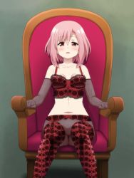 Rule 34 | 1girl, awa, blush, breasts, chair, elbow gloves, feet out of frame, fishnet pantyhose, fishnets, gloves, hair ornament, koharu yoshino, looking at viewer, medium breasts, navel, open mouth, pantyhose, pink hair, red eyes, sakura quest, short hair, simple background, sitting, solo, thighhighs
