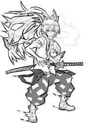 Rule 34 | &gt;:o, 1girl, :o, bow, breath, collared shirt, fighting stance, floating hair, fujiwara no mokou, full body, greyscale, hair between eyes, hair bow, hand on sheath, high collar, high ponytail, holding, holding sword, holding weapon, jewelry, katana, long hair, looking at viewer, monochrome, necklace, open clothes, open shirt, pants, parted lips, sheath, sheathed, shirt, shoes, short sleeves, simple background, solo, standing, suspenders, sword, torn clothes, torn sleeves, touhou, triangle mouth, undershirt, v-shaped eyebrows, very long hair, weapon, white background, wide ponytail, wind, yomoneko