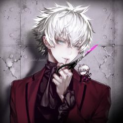 Rule 34 | 2boys, ascot, black ascot, black shirt, blood, blue eyes, charles-henri sanson (fate), chibi, fate/grand order, fate (series), hair between eyes, hand up, highres, holding, holding scissors, jacket, koshika rina, long sleeves, looking at viewer, male focus, multiple boys, on shoulder, pink blood, red jacket, scissors, shirt, short hair, smile, thumb to mouth, twitter username, upper body, white hair