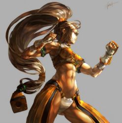 Rule 34 | 1girl, abs, armband, bandaid, bandaid on face, breasts, brown eyes, brown hair, clenched hands, dungeon and fighter, fighter (dungeon and fighter), fighting stance, from below, high ponytail, kim yura (goddess mechanic), long hair, medium breasts, midriff, navel, profile, signature, smile, solo, toned, very long hair