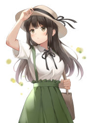 Rule 34 | 1girl, absurdres, arm up, bad id, bad pixiv id, bag, black ribbon, blush, breasts, brown eyes, brown hair, brown hat, closed mouth, collared shirt, cowboy shot, frilled skirt, frills, green skirt, hand on headwear, hat, hat ornament, hat ribbon, highres, long hair, looking away, looking to the side, medium breasts, neck ribbon, original, ribbon, shirt, short sleeves, shoulder bag, simple background, skirt, solo, suspender skirt, suspenders, white background, white shirt, yumekanau