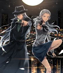 Rule 34 | 1boy, 1girl, aiming, aiming at viewer, alternate hairstyle, arm at side, bare legs, black bow, black bowtie, black coat, black footwear, blue eyes, blue skirt, blurry, bow, bowtie, breasts, building, cigarette, city, coat, collared shirt, curacao, curacao (meitantei conan), depth of field, diffraction spikes, dress shirt, finger on trigger, floating hair, full moon, gin (meitantei conan), grey eyes, grey hair, grey shirt, gun, hair down, hair over one eye, handgun, hat, heterochromia, highres, holding, holding gun, holding weapon, knee up, kuga huna, lens flare, light particles, long hair, long sleeves, looking at viewer, medium breasts, meitantei conan, miniskirt, moon, motion blur, mouth hold, night, night sky, one eye covered, outdoors, outstretched arm, parted bangs, pencil skirt, railing, shirt, shoes, skirt, sky, skyscraper, standing, star (sky), turtleneck, very long hair, weapon, wind