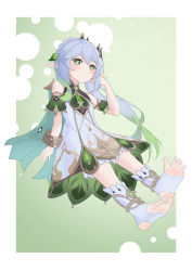 Rule 34 | 1girl, absurdres, bare shoulders, border, closed mouth, commentary request, dress, genshin impact, green background, green eyes, grey hair, hand up, highres, ke (justanegg), nahida (genshin impact), pointy ears, side ponytail, smile, solo, toeless footwear, white border, white dress, white footwear