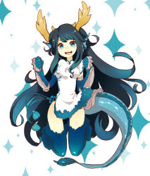 Rule 34 | 1girl, :d, black hair, blue eyes, china dress, chinese clothes, dragon girl, dragon tail, dress, elbow gloves, fins, gloves, grin, head fins, horns, karin (p&amp;d), long hair, open mouth, puzzle &amp; dragons, shika deer, smile, star-shaped pupils, star (symbol), symbol-shaped pupils, tail, thighhighs