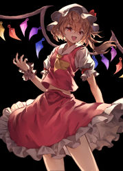 Rule 34 | 1girl, ascot, bare arms, black background, blonde hair, commentary, cowboy shot, crystal, fang, flandre scarlet, frilled skirt, frilled sleeves, frills, hat, hat ribbon, highres, midriff, midriff peek, mob cap, open mouth, puffy short sleeves, puffy sleeves, red eyes, red ribbon, red skirt, red vest, ribbon, shirt, short hair, short sleeves, side ponytail, simple background, skin fang, skirt, smile, solo, touhou, vest, white shirt, wings, wrist cuffs, yanyan (shinken gomi), yellow ascot