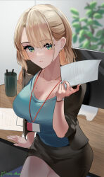 Rule 34 | 1girl, asymmetrical bangs, black jacket, black skirt, blonde hair, blue shirt, blush, breasts, cleavage, formal, green eyes, highres, holding, holding paper, id card, jacket, large breasts, looking at viewer, michan127neko, mole, mole on breast, office lady, original, paper, pencil skirt, shirt, skirt, skirt suit, solo, suit, watch, wristwatch