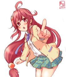 Rule 34 | 1girl, alternate costume, cosplay, cowboy shot, crescent, crescent hair ornament, dated, foreshortening, hair ornament, highres, iino minaha, kanon (kurogane knights), kantai collection, leaning forward, logo, long hair, look-alike, looking at viewer, necktie, plaid, plaid skirt, pointing, purple necktie, red eyes, red hair, school uniform, simple background, sketch, skirt, solo, stella no mahou, uzuki (kancolle), white background