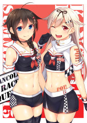 Rule 34 | 2girls, absurdres, adapted costume, ahoge, black gloves, blonde hair, blue eyes, blush, body writing, braid, breasts, brown hair, catchphrase, choker, closed mouth, collarbone, gloves, hair flaps, hair ornament, hair ribbon, hairclip, highres, holding, horosuke, kantai collection, long hair, looking at viewer, medium breasts, midriff, miniskirt, multiple girls, navel, one eye closed, open mouth, poi, race queen, red background, red eyes, ribbon, scarf, school uniform, serafuku, shigure (kancolle), shiny skin, short shorts, shorts, simple background, single braid, skirt, smile, stomach, tattoo, thighhighs, yuudachi (kancolle), zettai ryouiki
