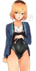 Rule 34 | 1girl, anger vein, angry, blue jacket, blush, brown eyes, collarbone, commentary request, cowboy shot, hair between eyes, jacket, looking at viewer, miyamori aoi, one-piece swimsuit, open mouth, orange hair, shirobako, shirt, short hair, simple background, sweat, swimsuit, swimsuit under clothes, tahita1874, translation request, white background, white shirt
