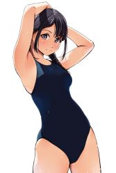 Rule 34 | 1girl, armpits, arms up, bare arms, bare shoulders, black hair, black one-piece swimsuit, blush, closed mouth, competition school swimsuit, contrapposto, cowboy shot, grey eyes, hands on own head, highres, looking at viewer, matsunaga kouyou, new school swimsuit, one-piece swimsuit, original, school swimsuit, shiny skin, short hair, simple background, skin tight, smile, solo, standing, swimsuit, wet, white background