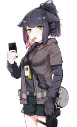 Rule 34 | 1girl, animal ears, arknights, bag, black gloves, black hair, black shirt, black shorts, blush, breasts, cat ears, cellphone, collar, commentary request, cowboy shot, ear protection, food in mouth, gloves, unworn gloves, green eyes, grey jacket, gun, hair tie, handgun, high ponytail, highres, holding, holding gun, holding phone, holding weapon, holster, holstered, hood, hood down, hooded jacket, id card, jacket, jessica (arknights), k0ng, large breasts, long sleeves, looking at viewer, mixed-language commentary, multicolored hair, open clothes, open jacket, phone, pink hair, pistol, ponytail, shirt, short shorts, shorts, shoulder bag, sidelocks, simple background, single glove, smartphone, solo, thigh holster, weapon, white background
