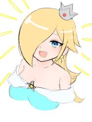 Rule 34 | 1girl, aqua dress, bare shoulders, blonde hair, blue eyes, blush, breasts, cleavage, closed mouth, collarbone, commentary, dress, eyelashes, frilled sleeves, frills, gem, glint, hair over one eye, hand on own hip, highres, long hair, long sleeves, looking at viewer, mario (series), medium breasts, nintendo, off-shoulder dress, off shoulder, one eye covered, parted bangs, rosalina, sidelocks, simple background, smile, solo, star (symbol), super mario galaxy, swept bangs, tomatomiya, upper body, white background, yellow gemstone