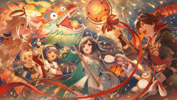 2boys 3boys 4girls :d aether_(genshin_impact) ahoge beret black_hair blonde_hair brown_eyes brown_hair chinese_clothes dragon_dance dress fireworks gaming_(genshin_impact) genshin_impact ghost gloves gradient_eyes green_eyes guoba_(genshin_impact) hair_between_eyes hair_ornament halo hat highres holding hu_tao_(cherries_snow-laden)_(genshin_impact) hu_tao_(genshin_impact) jacket lan_yan_(genshin_impact) lantern long_hair long_sleeves multicolored_eyes multiple_boys multiple_girls night night_sky open_mouth paimon_(genshin_impact) purple_eyes short_hair sky smile sunglasses thighhighs tinydream white_dress white_hair xiangling_(genshin_impact) xiangling_(new_year&#039;s_cheer)_(genshin_impact) yellow_eyes