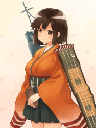Rule 34 | 10s, 1girl, arrow (projectile), bad id, bad pixiv id, breasts, brown eyes, brown hair, flight deck, gloves, own hands clasped, hiryuu (kancolle), japanese clothes, kantai collection, kouno hikaru, large breasts, own hands together, partially fingerless gloves, partly fingerless gloves, quiver, short hair, single glove, skirt, solo, wide sleeves, yugake