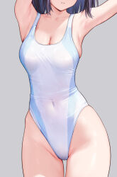 Rule 34 | 1girl, armpits, arms up, black hair, blue hair, blue one-piece swimsuit, breasts, cleavage, collarbone, commentary request, covered navel, cowboy shot, grey background, groin, highres, large breasts, mignon, multicolored hair, one-piece swimsuit, original, parted lips, sarah-san (mignon), skindentation, solo, swimsuit, teeth, thigh gap, two-tone hair, white one-piece swimsuit