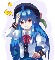 Rule 34 | 1girl, ahoge, back bow, black hair, blue bow, bow, center frills, collared shirt, commentary request, frills, grin, hand on own head, hand on own hip, hinanawi tenshi, juliet sleeves, long hair, long sleeves, neck ribbon, plus2sf, puffy sleeves, red eyes, red ribbon, ribbon, shirt, sidelocks, simple background, smile, solo, touhou, very long hair, waist bow, white background, white shirt