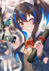 Rule 34 | 1girl, animal ears, blue hair, blue jacket, blurry, blurry background, bow, brown cardigan, brown hair, cardigan, cherry blossoms, colored inner hair, commentary request, daitaku helios (umamusume), ear covers, ear piercing, grin, hair ornament, hairclip, highres, holding, holding phone, holding scroll, horse ears, horse girl, jacket, long sleeves, medium hair, multicolored hair, one eye closed, outdoors, phone, piercing, ponytail, red bow, scroll, shirt, sidelocks, smile, solo focus, streaked hair, ugura (ugurax), umamusume, upper body, white shirt, yellow eyes
