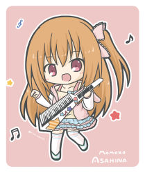 Rule 34 | 1girl, :d, asahina momoko, beamed semiquavers, blue skirt, blush, bow, brown hair, camisole, character name, chibi, clothes writing, collarbone, commentary request, female focus, full body, girlfriend (kari), hair between eyes, hair bow, holding, holding instrument, hood, hood down, hoodie, instrument, keytar, layered skirt, long hair, long sleeves, looking at viewer, musical note, one side up, open mouth, pink bow, pink hoodie, quaver, ri-net, shoes, skirt, smile, solo, standing, standing on one leg, star (symbol), thighhighs, treble clef, very long hair, white footwear, white thighhighs, yellow camisole
