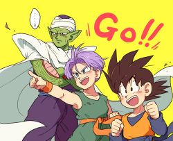 Rule 34 | +++, ..., 3boys, :d, black eyes, black hair, blue eyes, cape, child, clenched hands, colored skin, crossed arms, dougi, dragon ball, dragonball z, green skin, happy, looking away, male focus, multiple boys, namek, nervous, open mouth, pants, piccolo, pointing, pointy ears, purple pants, short hair, simple background, smile, son goten, spiked hair, sweatdrop, text focus, thought bubble, tkgsize, trunks (dragon ball), turban, wristband, yellow background