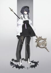 Rule 34 | 1girl, black gloves, black hair, doll joints, frills, full body, gloves, high heels, holding, holding polearm, holding weapon, joints, looking at viewer, maid headdress, neco, original, polearm, puffy sleeves, purple eyes, skirt, solo, weapon