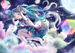 Rule 34 | 1girl, aqua hair, blue eyes, boots, hatsune miku, head wreath removed, kyashii (a3yu9mi), long hair, looking at viewer, magical mirai (vocaloid), magical mirai miku, magical mirai miku (2017), microphone, moon, musical note, night, one eye closed, open mouth, skirt, solo, star (sky), thigh boots, thighhighs, twintails, very long hair, vocaloid, wand