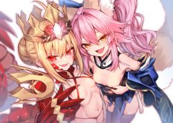 Rule 34 | 2girls, aged down, ahoge, animal ear fluff, animal ears, bare shoulders, bikini, blonde hair, blue bow, blue kimono, blue legwear, bow, braid, breasts, criss-cross halter, crown, detached collar, detached sleeves, dragon claw, dragon tail, elbow gloves, fate/extra, fate/grand order, fate/grand order arcade, fate (series), fox ears, fox girl, fox tail, french braid, gloves, hair between eyes, hair bow, hair bun, hair intakes, hair ribbon, halterneck, highres, japanese clothes, kimono, long hair, looking at viewer, multiple girls, navel, nero claudius (fate), nero claudius (fate) (all), obi, open clothes, open mouth, pink hair, queen draco (fate), queen draco (second ascension) (fate), red bikini, red eyes, red ribbon, ribbon, robe, sash, scales, sidelocks, single hair bun, small breasts, smile, swimsuit, tail, tamamo (fate), tamamo no mae (fate/extra), thighhighs, thighs, twintails, white gloves, white robe, wide sleeves, wisespeak, yellow eyes
