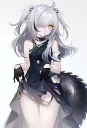 Rule 34 | 1girl, ahoge, arknights, bare shoulders, black dress, black hair, black ribbon, closed mouth, clothes lift, crocodilian tail, crying, dress, dress lift, flower, grey background, grey hair, hair over one eye, hair ribbon, highres, jewelry, kiko, lifting own clothes, long hair, looking at viewer, multicolored hair, necklace, orange eyes, pointy ears, ribbon, signature, simple background, solo, streaked hair, tail, tears, tomimi (arknights), torn clothes, torn dress, two side up, white flower