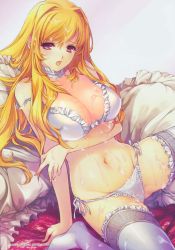 Rule 34 | 1girl, absurdres, bed, blonde hair, bra, breasts, cleavage, cum, cum on body, cum on hair, cum on lower body, frilled pillow, frilled thighhighs, frills, highres, huge breasts, kamishiro kotone, lace, min-naraken, open mouth, oyako rankan, panties, pillow, pink eyes, scan, side-tie panties, sitting, spread legs, thighhighs, underwear, underwear only, wariza, white bra, white panties, white thighhighs