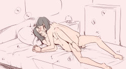 Rule 34 | 2girls, ass, bed, black hair, blush, breast press, collarbone, completely nude, closed eyes, frottage, girl on top, kiss, lamp, leg lift, lying, multiple girls, nude, on back, original, pillow, sepia, sketch, tribadism, yui 7, yuri