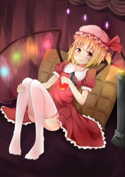 Rule 34 | 1girl, apple, ascot, bad id, bad pixiv id, blonde hair, dress, embodiment of scarlet devil, female focus, flandre scarlet, food, frills, fruit, glowing, hair bobbles, hair ornament, hat, highres, pillow, r star, red eyes, ribbon, sitting, smile, solo, thighhighs, touhou, white thighhighs, wings, zettai ryouiki