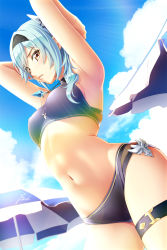Rule 34 | 1girl, alternate costume, armpits, arms behind head, arms up, asymmetrical hair, bare arms, beach umbrella, bikini, black bikini, black hairband, blue eyes, blue hair, blush, breasts, cloud, commentary request, day, dutch angle, eula (genshin impact), from below, genshin impact, hair intakes, hairband, highres, jewelry, looking at viewer, medium breasts, multi-strapped bikini, navel, outdoors, parted lips, pendant, short hair, sidelocks, solo, stomach, sunlight, swimsuit, thigh strap, thighs, umbrella, yellow eyes, you haruka