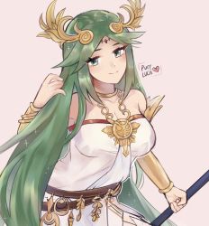 Rule 34 | 1girl, ancient greek clothes, belt, breasts, cleavage, dress, female focus, forehead jewel, greco-roman clothes, green eyes, green hair, highres, holding, holding own hair, holding staff, kid icarus, kid icarus uprising, large breasts, long hair, looking at viewer, matching hair/eyes, nintendo, palutena, pendant choker, purrlucii, smile, staff, strapless, strapless dress, tiara, upper body, very long hair