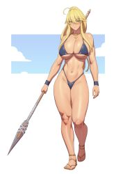 Rule 34 | 1girl, ahoge, artoria pendragon (fate), artoria pendragon (lancer) (fate), bikini, blonde hair, blue bikini, blue wristband, breasts, cleavage, fate/grand order, fate (series), full body, green eyes, highres, holding, holding polearm, holding weapon, jewelry, large breasts, looking at viewer, lvl (sentrythe2310), navel, necklace, polearm, sandals, solo, spear, stomach, swimsuit, weapon