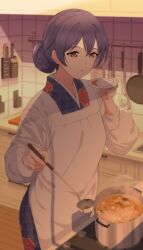 Rule 34 | 1girl, absurdres, alternate hairstyle, apron, blue hair, commentary, cooking, cooking pot, english commentary, enola 013, evening, floral print, food, frying pan, hair bun, highres, holding, holding ladle, holding plate, housewife, indoors, japanese clothes, kappougi, kitchen, ladle, love live!, love live! school idol project, open mouth, plate, solo, sonoda umi, soup, spatula, standing, steam, sunlight, window shadow, yellow eyes