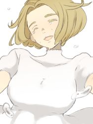 Rule 34 | 1girl, bianca (pokemon), blonde hair, breasts, canari, closed eyes, commentary request, creatures (company), crying, dress, game freak, highres, large breasts, medium hair, nintendo, pokemon, pokemon bw, simple background, solo, water drop, white background, white dress