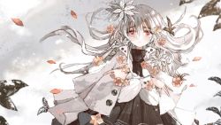 Rule 34 | 1girl, animal, black butterfly, black dress, blush, bug, butterfly, closed mouth, coat, crying, crying with eyes open, dress, eyelashes, flower, grey hair, grey theme, hair between eyes, highres, insect, kitijoji, leaf, long hair, original, petals, pink flower, red eyes, smile, snow, snowing, solo, sparkle, tears, turtleneck, white coat, white flower, wind
