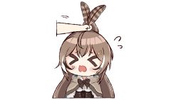 Rule 34 | &gt; &lt;, 1girl, 1other, black neckwear, blush stickers, bow, bowtie, brown cape, brown feathers, brown hair, cape, feathers, flying sweatdrops, grabbing, hair ornament, hairclip, hololive, hololive english, ikalsaurus, long hair, nanashi mumei, open mouth, ponytail, shirt, simple background, solo focus, transparent background, virtual youtuber