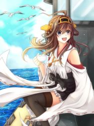 Rule 34 | 10s, 1girl, ahoge, bird, braid, brown hair, cup, day, detached sleeves, fang, hairband, ichika (beagle love), ichika 5259, japanese clothes, kantai collection, kongou (kancolle), long hair, ocean, open mouth, personification, purple eyes, seagull, sitting, sky, solo, tea, thighhighs, turret