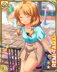 Rule 34 | 1girl, :d, brown eyes, brown hair, brown skirt, card (medium), city, closed eyes, day, girlfriend (kari), green shirt, looking at viewer, low twintails, official art, open mouth, outdoors, qp:flapper, shirt, skirt, smile, solo, standing, sunburn, tagme, tamai remi, twintails
