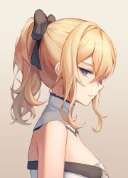 Rule 34 | 1girl, absurdres, bare shoulders, black bow, blonde hair, blue eyes, bow, brown background, commentary, cross, cross earrings, detached collar, earrings, eyelashes, genshin impact, hair between eyes, hair bow, hair ornament, high ponytail, highres, jean (genshin impact), jewelry, looking at viewer, medium hair, parted lips, ponytail, profile, pul (gks569), shirt, sidelocks, sideways glance, solo, strapless, strapless shirt, upper body, white shirt