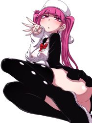 Rule 34 | 1girl, ass, bleach, boots, breasts, curvy, dokugamine riruka, dress, hanya (hanya yashiki), hat, highres, large breasts, long hair, looking at viewer, nail polish, nipples, open mouth, pink eyes, pink hair, shiny skin, simple background, skirt, tsundere, twintails, upper body, white background