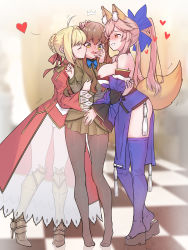 Rule 34 | 3girls, absurdres, animal ears, armor, blonde hair, blush, breasts, brown hair, checkered floor, cleavage, dress, fate/extra, fate (series), fff threesome, fox ears, fox tail, girl sandwich, greaves, group sex, hand on another&#039;s face, hand on another&#039;s head, high heels, highres, japanese clothes, kishinami hakuno (female), kiss, kissing cheek, large breasts, looking at another, multiple girls, nero claudius (fate), nero claudius (fate) (all), nero claudius (fate/extra), nipple slip, nipples, pantyhose, phi str, pink hair, platform footwear, platform heels, sandwiched, smile, standing, tail, tamamo (fate), tamamo no mae (fate/extra), threesome, yuri
